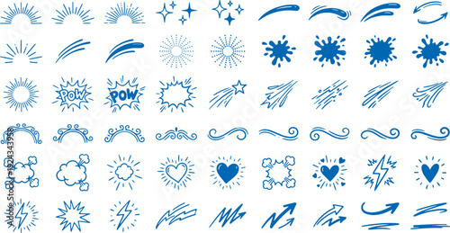 Collection of blue comic book style illustration design elements including explosion speed heart and lightning bolt icons on white background for graphic design