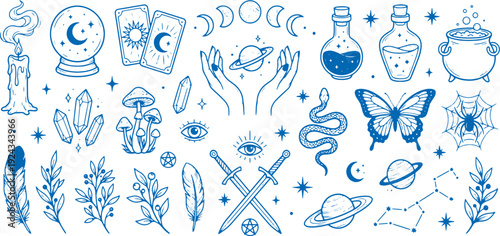 Mystical symbols and objects for magic astrology and spirituality on white background blue illustrations