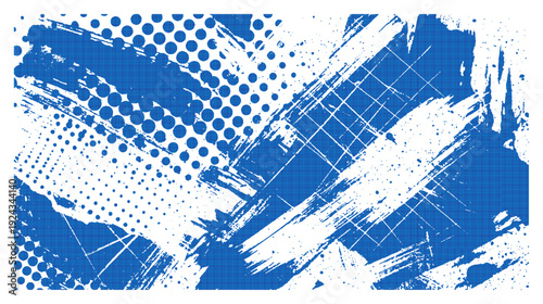 Vibrant blue and white abstract background with dynamic brushstrokes dots and grunge textures creating a lively artistic composition