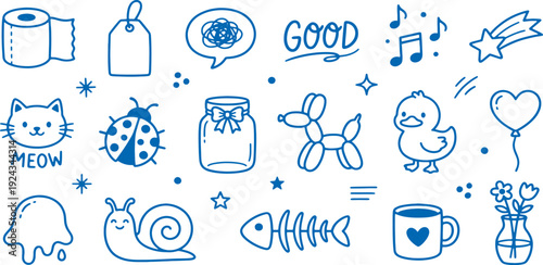 Whimsical hand drawn doodle collection featuring charming cartoon icons like a cute cat with 'meow' text a ladybug a toilet paper roll a gift tag a jar with a bow a balloon animal