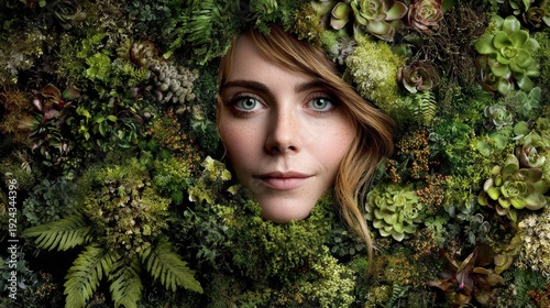 Embraced by Nature: A woman's face, framed by lush foliage and verdant plants, embodies the harmony between humanity and nature.