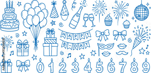 Vibrant blue hand drawn doodle collection celebrating a festive birthday party with a tiered cake balloons confetti champagne party hats gift boxes numbers and celebratory fireworks