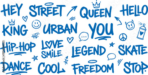 Urban graffiti words and symbols in blue on white background for hip hop street art and culture concepts