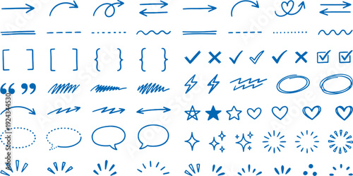 Collection of blue hand drawn graphic design elements including arrows symbols and shapes for creative projects and presentations on white background