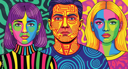 Vibrant Psychedelic Pop Art Portrait Of Three People With Colorful Faces And Geometric Patterns