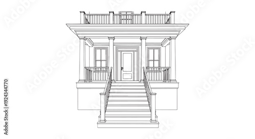 Architectural Line Drawing of Classic Front Porch With Stairs, Columns and Balcony Elevation