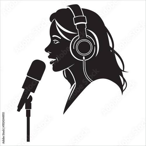 Woman pod caster with headphones and microphone minimalist black line art vector illustration