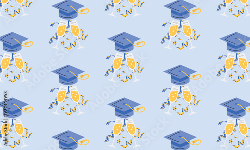 Graduation pattern background with graduation caps champagne glasses and confetti festive party design