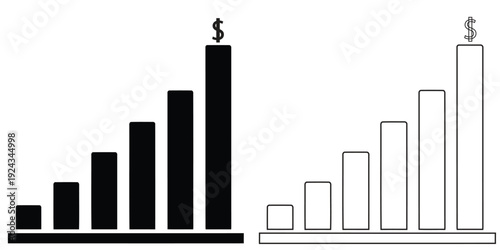 Black and white bar chart showing financial growth with dollar sign icons, vector set
