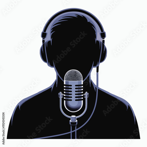 Professional pod caster speaking into vintage microphone with headphones on