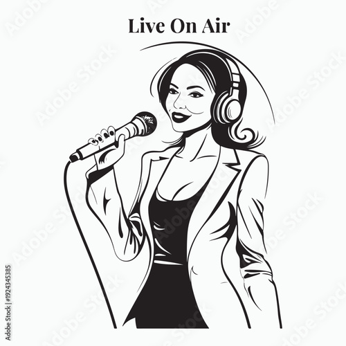 Female radio host singing live on air with headphones and microphone illustration silhouette 