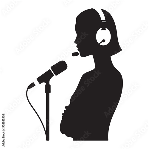 Professional woman pod caster recording with headphones and microphone in studio black silhouette