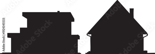 Black silhouettes of two houses white background roof