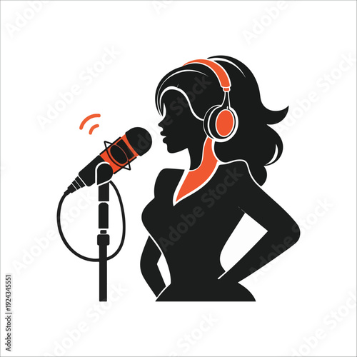 Woman pod caster recording audio with headphones and microphone in studio silhouette vector