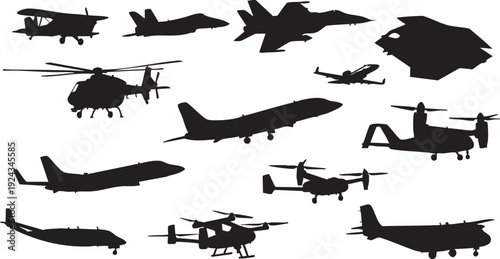 Black silhouettes of various airplanes and helicopters on white background 1
