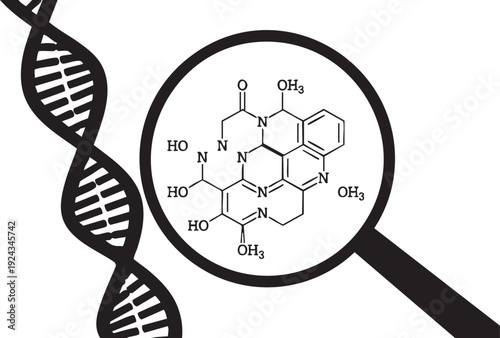 D N A double helix and magnifying glass with molecular structure chemistry