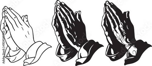 Three pairs of praying hands in different shades clasped black and white prayer