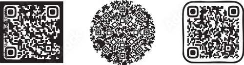 Three Q R codes in different shapes and sizes on white background qr code black and white