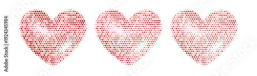 Set of pink shaped halftone heart effect. Monochrome, pop art style dotted hearts design, isolated on white background. Halftone style heart images