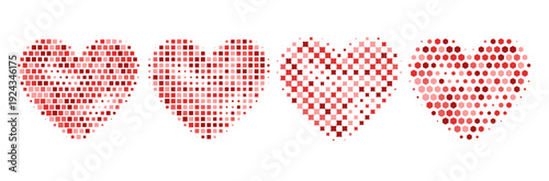 Set of pink shaped halftone heart effect. Monochrome, pop art style dotted hearts design, isolated on white background. Halftone style heart set