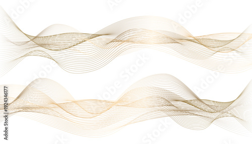 White background with golden wavy soft transparent lines, delicate shimmer, and an exquisite abstract gradient texture. Golden gradient flowing threads. Isolated vector illustration