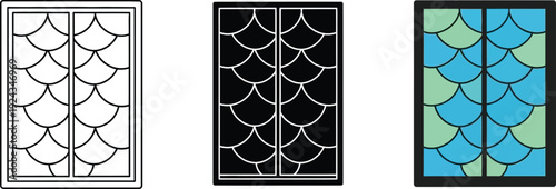 Collection of decorative window pane designs featuring geometric patterns in outline black and color variations for architectural elements