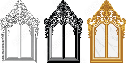 Ornate architectural window frames in black white and gold vector illustrations representing classic design elements for historical or luxury projects