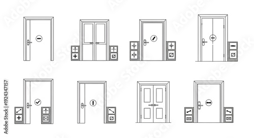 Door Plan View Vector Set – Architectural Swing Types and Technical Floor Plan Symbols