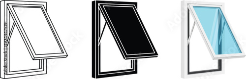 Collection of open window icons in outline solid black and blue glass styles representing ventilation and architectural elements for design