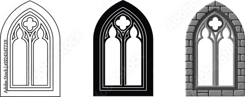 Gothic window icons set architectural elements in line art silhouette and stone design for historical or fantasy projects