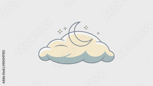 Minimalist sleep icon featuring a smiling crescent moon on a cloud with stars