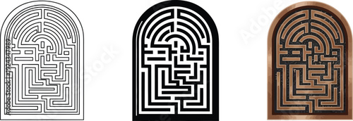 Collection of three maze puzzles in arched frames representing challenge and problem-solving ideal for concept design and educational materials