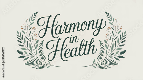 Elegant calligraphy design with harmony in health text and leaf wreath on beige background