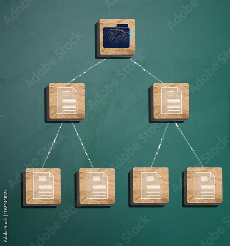 Hierarchical structure made of wooden cubes, top cube with folder icon, lower levels with document icons