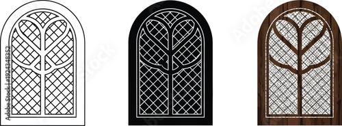 Gothic arched window designs featuring intricate leaded glass patterns and wood frame variations for architectural illustration and historical concepts