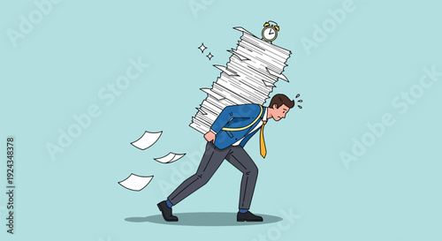 Businessman carrying heavy stack of documents and clock symbolizing work overload and deadline pressure.