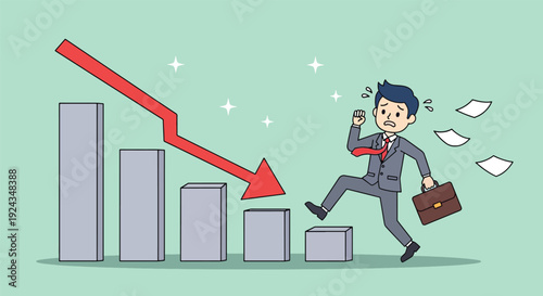 Businessman in panic as stock market graph shows significant decline.