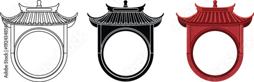 Collection of traditional Asian pagoda gate icons in outline silhouette and red vector styles representing cultural architecture and design elements