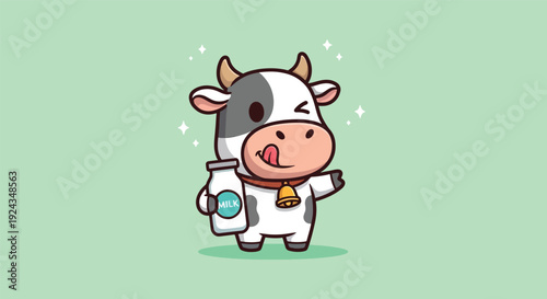 Cute Cartoon Cow Holding Milk Bottle Winking and Licking Lips.