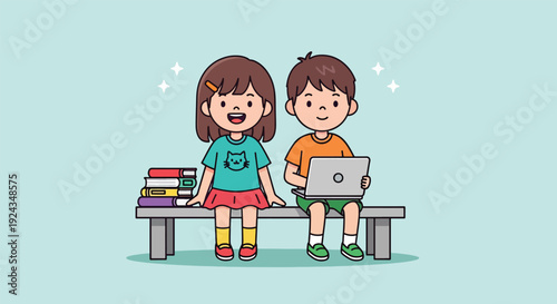 Cute cartoon children learning together on a bench.
