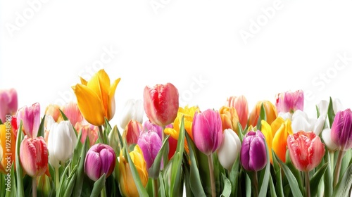 Vibrant multicolored tulips blooming against white background.
