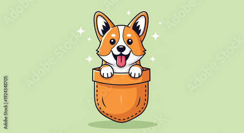 Cute Corgi Puppy Dog Peeking Out of a Pocket Cartoon Illustration.