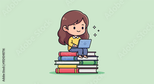 Cute girl studying and working on laptop sitting on a stack of books.