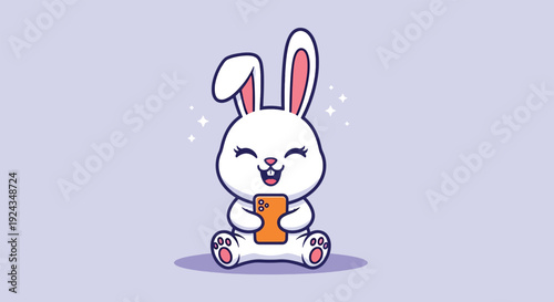 Cute Happy Bunny Rabbit Holding Smartphone Cartoon Vector.