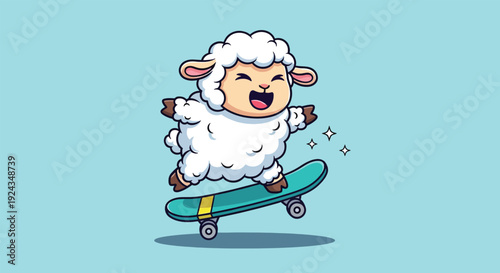 Cute Happy Sheep Playing Skateboard Cartoon Vector Icon Illustration.