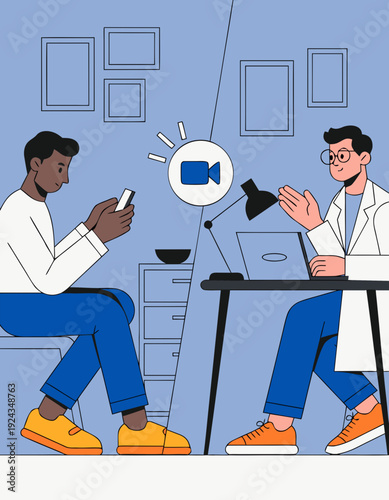 Man on phone while doctor on laptop discusses health during video meeting