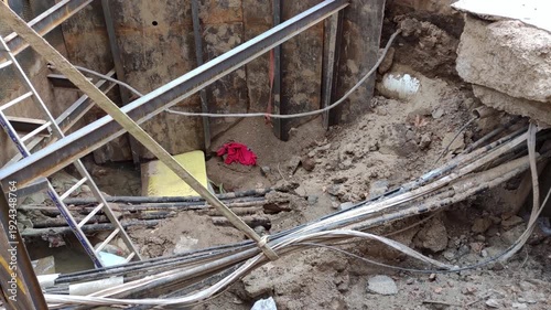 Underground  works.Smooth camera movement: Pan Right. View of the installation of new fibre optic networks and other services in the city of Barcelona.