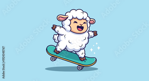 Cute Happy Sheep Skates on Skateboard with Joyful Expression.