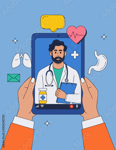 Doctor on tablet screen talking to patient during remote medical consultation