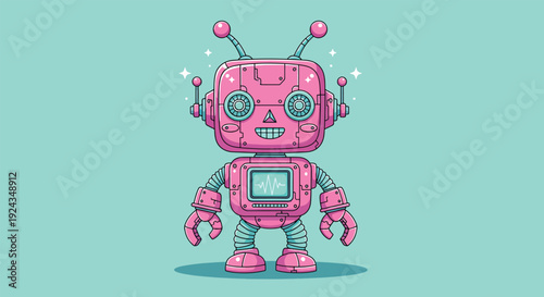 Cute Pink Robot Character Illustration.